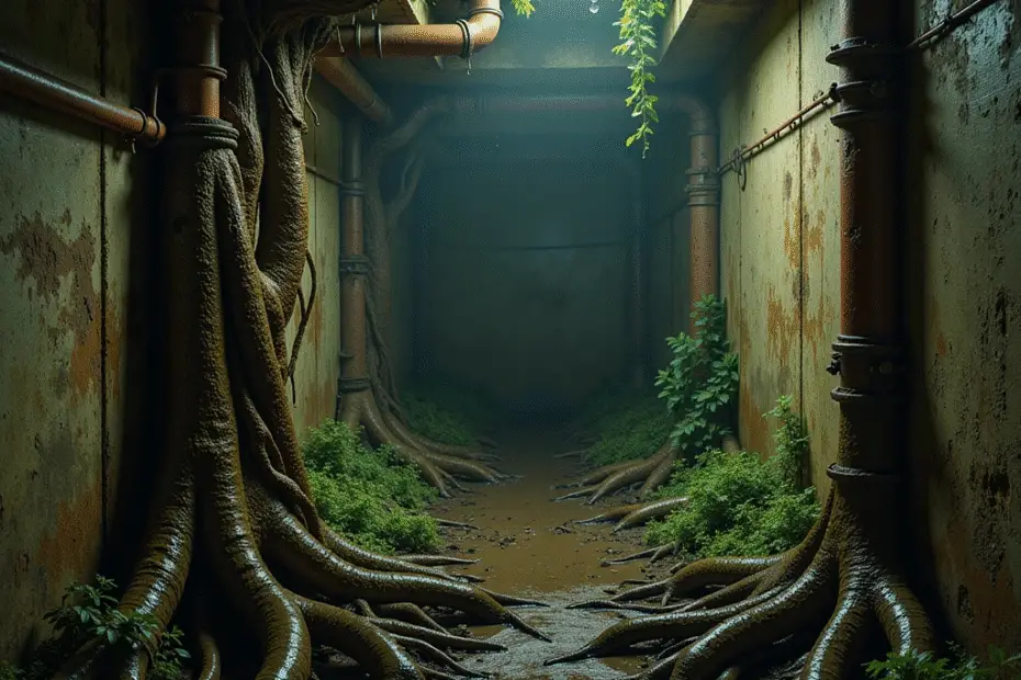 An underground passage featuring large tree roots extending from the walls and floor.