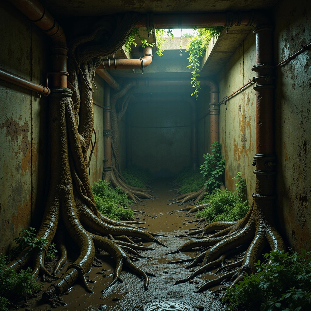 An underground passage featuring large tree roots extending from the walls and floor.