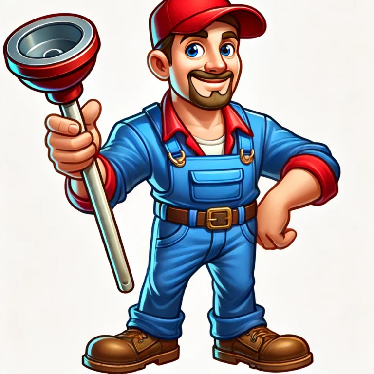 DALL·E 2024 06 17 09.55.50 A cartoon image of a plumber holding a plunger. The plumber is a middle aged man with a friendly expression, wearing a blue jumpsuit, a red cap, and b