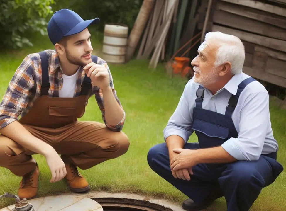 Two men discussing over a septic tank lid while kneeling on grass.