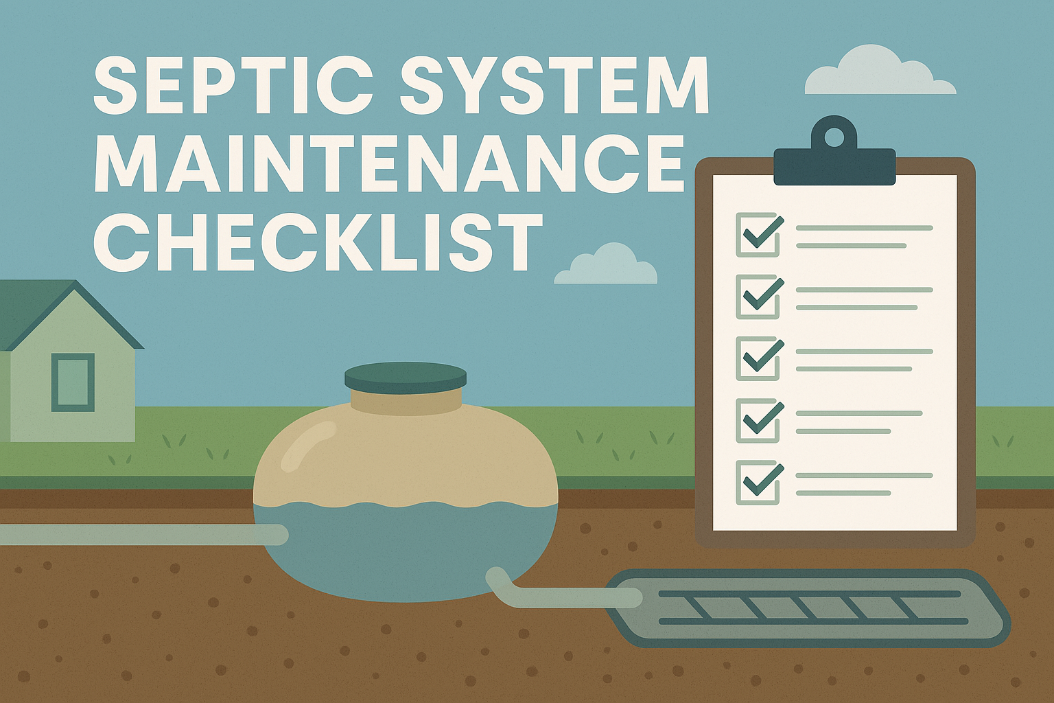 Illustration of a septic system maintenance checklist with a tank and clipboard.