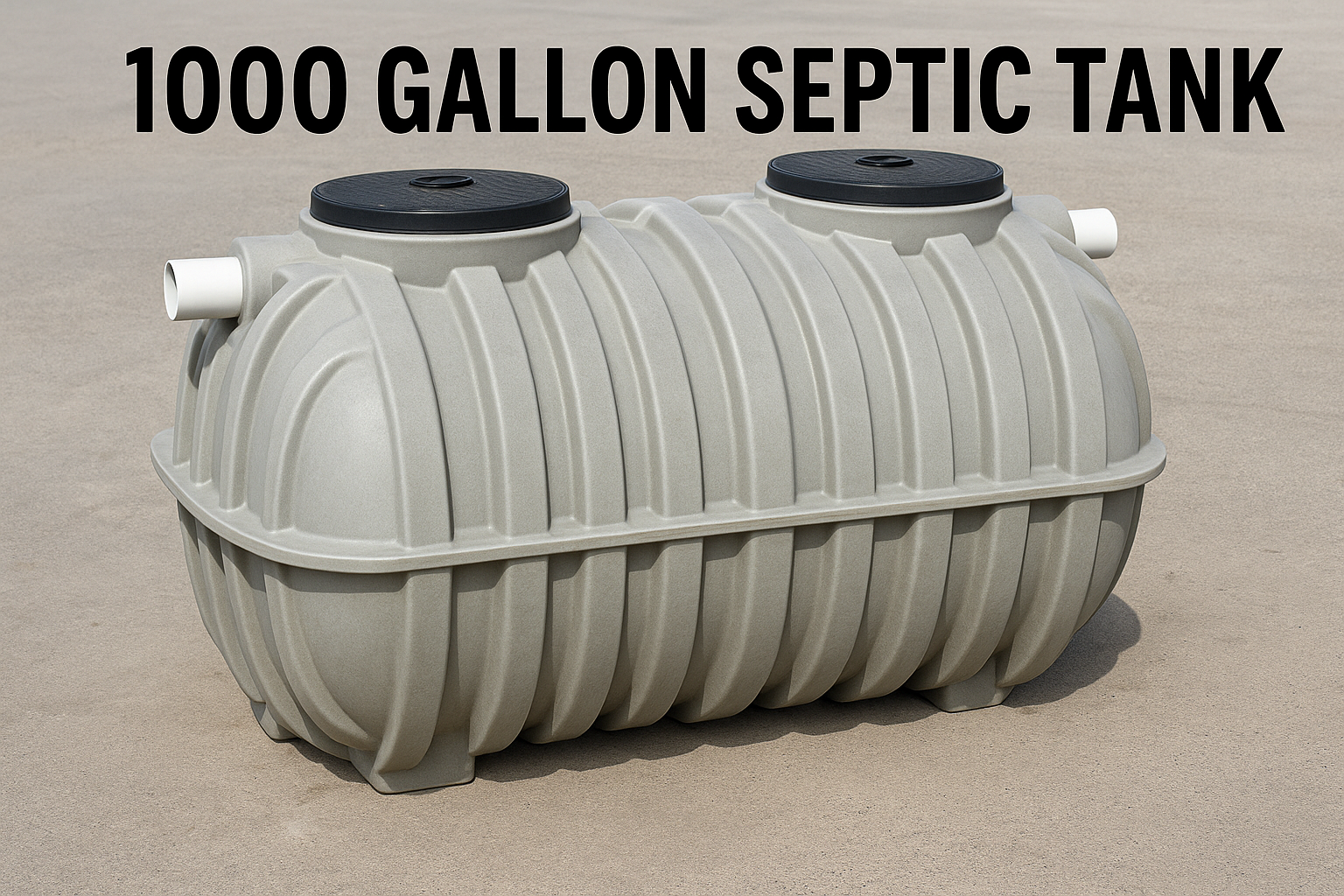A 1000 gallon septic tank made of durable material with two access lids on top.