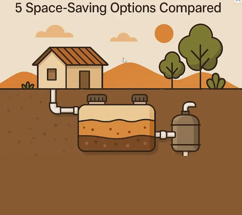 Illustration of a septic system with space-saving options, showing tank and pipes underground.