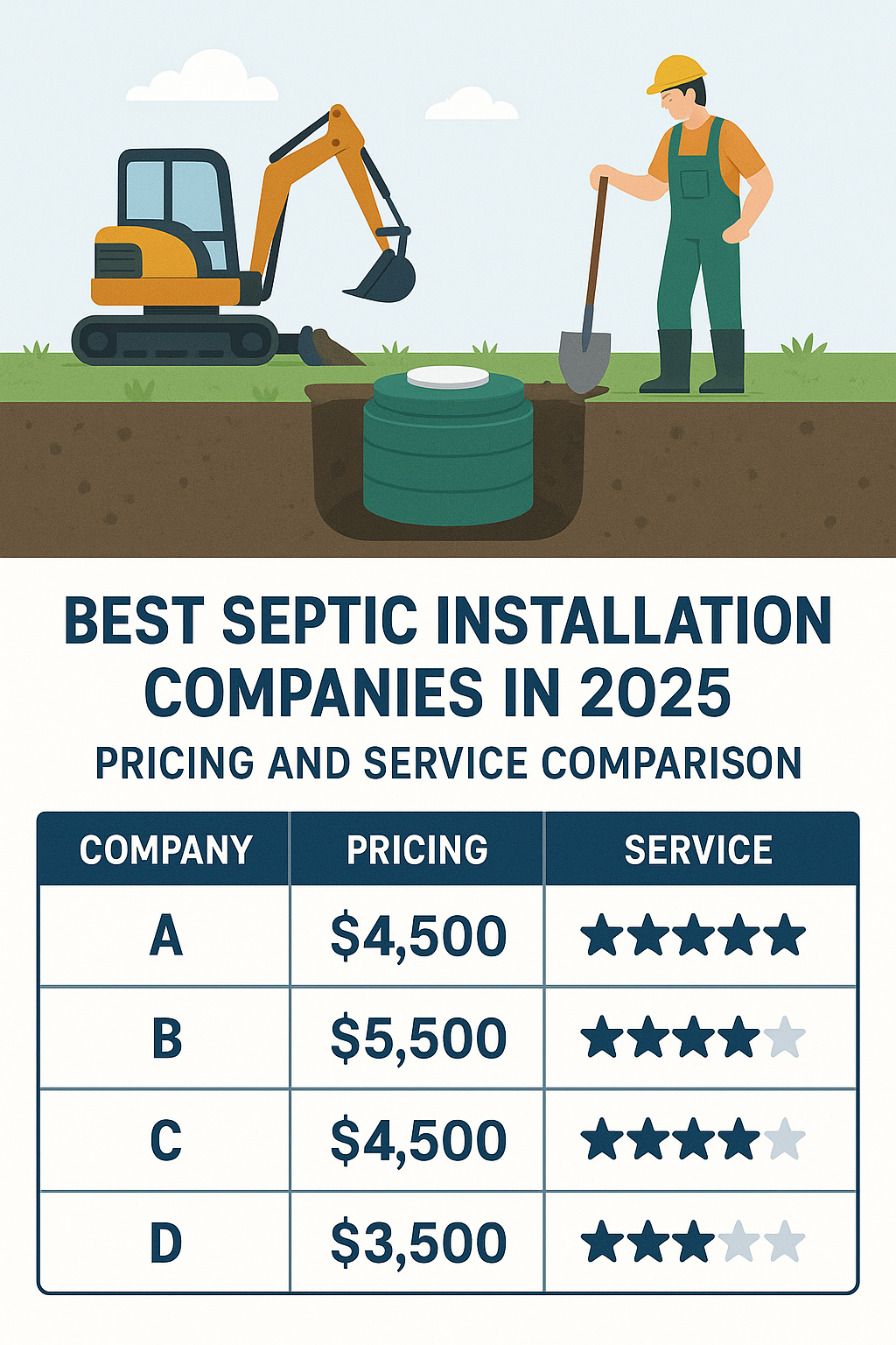 Illustration of a worker digging a hole for septic installation with pricing comparison table below.