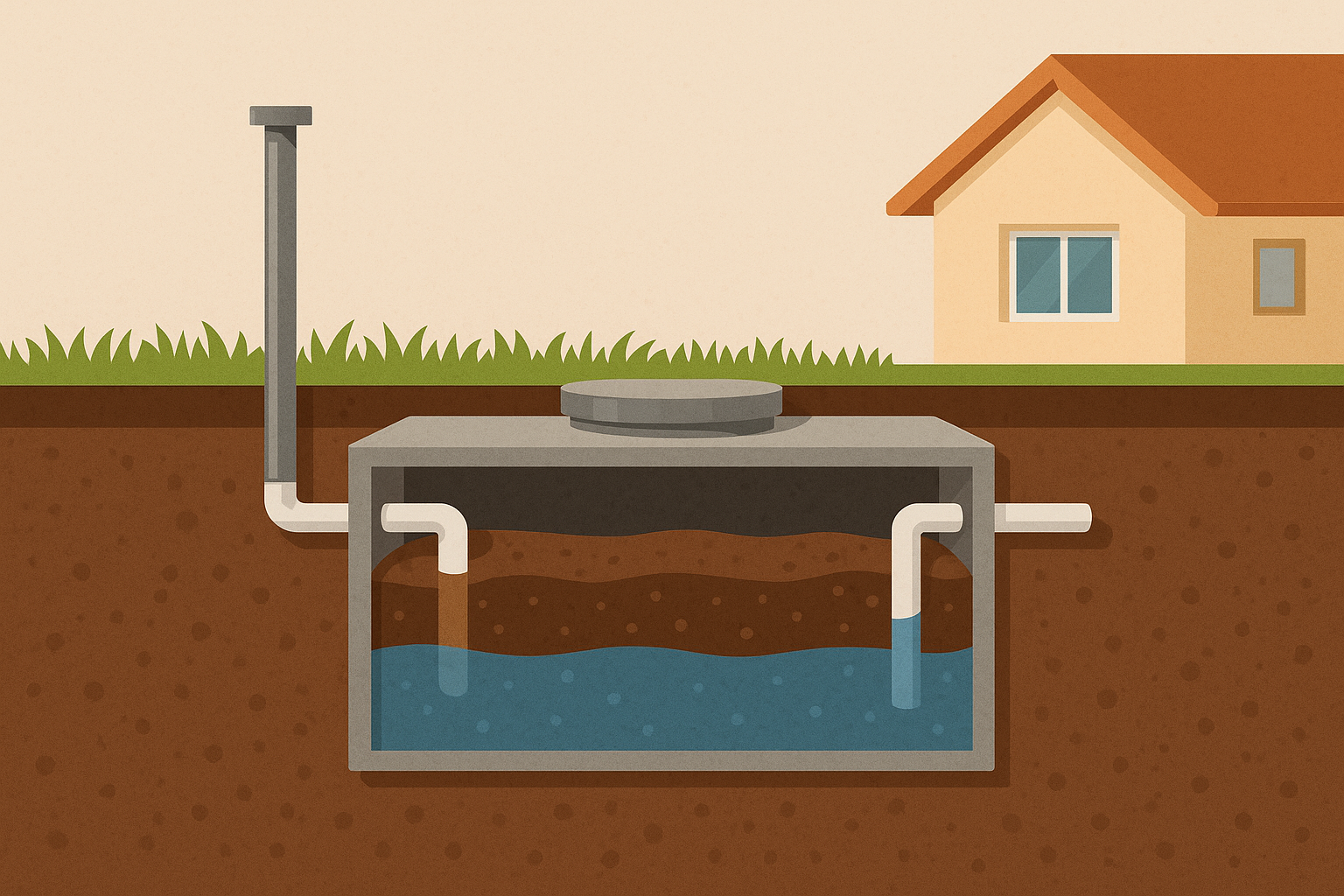 Illustration showing a septic tank with water and waste layers, connected to a house and drainage pipe.