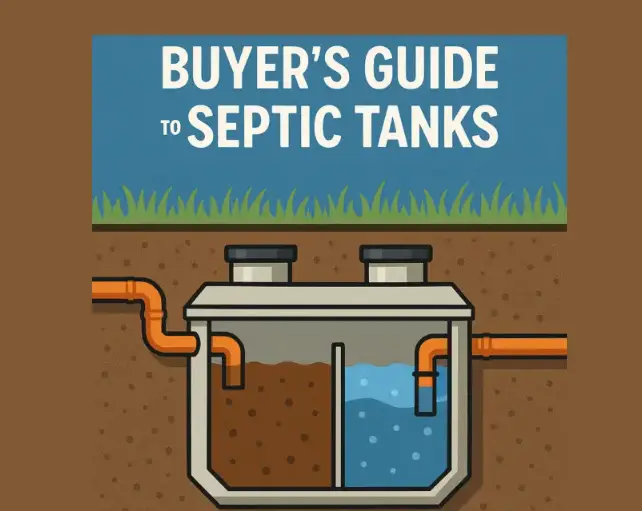 Illustration of a septic tank with labeled sections for wastewater and clear water.