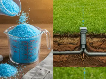 Measuring blue granular substance next to a drainage system with roots in the ground.