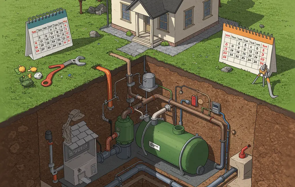 Illustration showing a cross-section of a residential septic system with pipes and tanks.