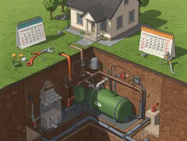 Illustration showing a cross-section of a residential septic system with pipes and tanks.