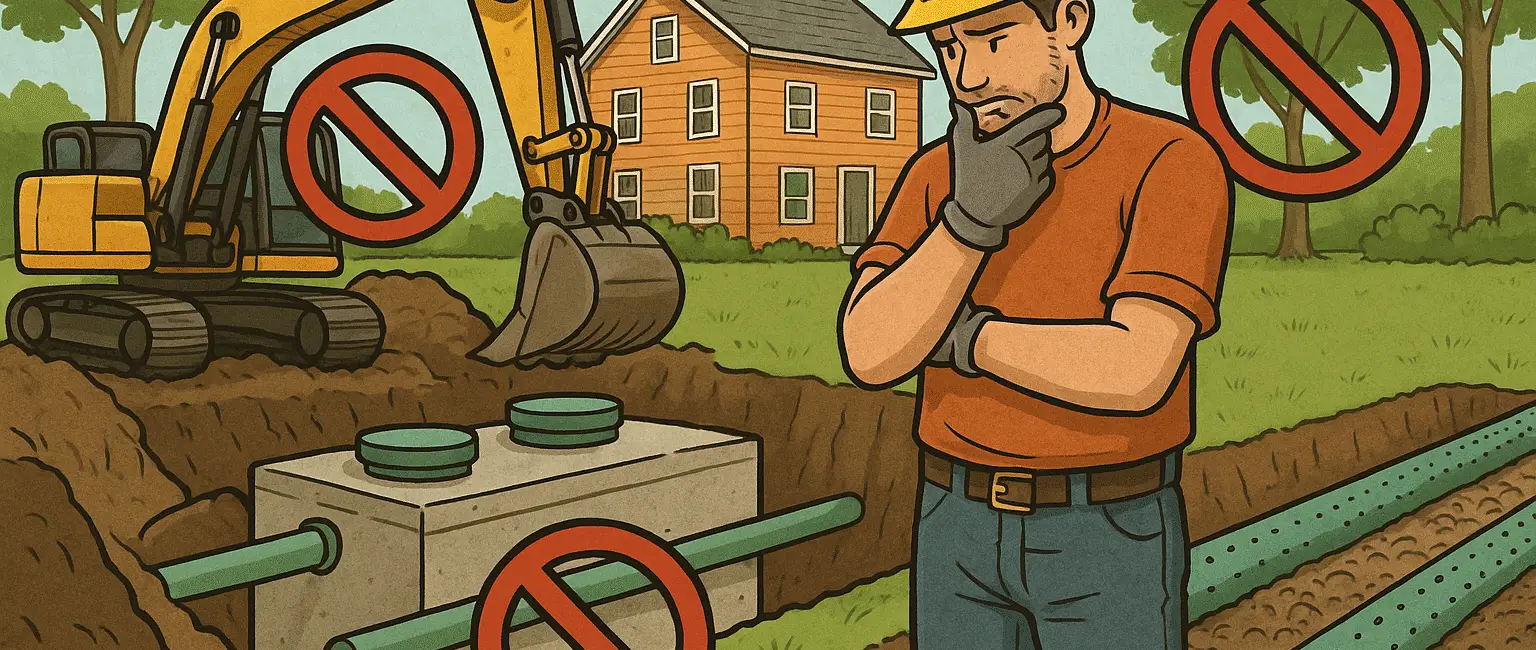 Illustration of a construction worker pondering over septic tank installation with warning signs.