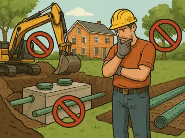 Illustration of a construction worker pondering over septic tank installation with warning signs.